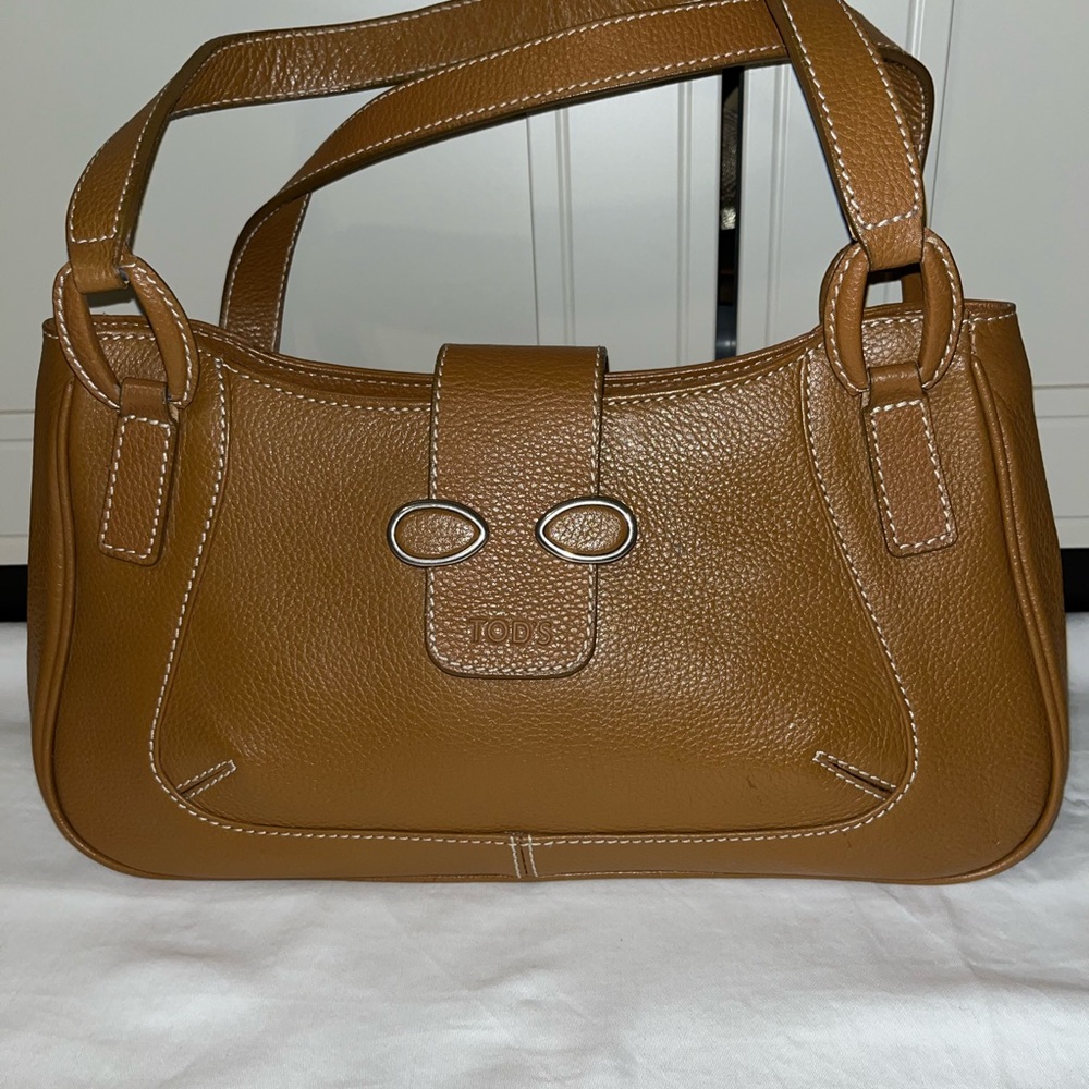 TOD'S Handbag Tote Bag Shoulder Bag 2 way Logo Wood Clasp Leather Camel LN